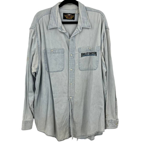 Vintage Harley Davidson Distressed Light Denim Button Up Shacket Men's Large - Picture 1 of 10